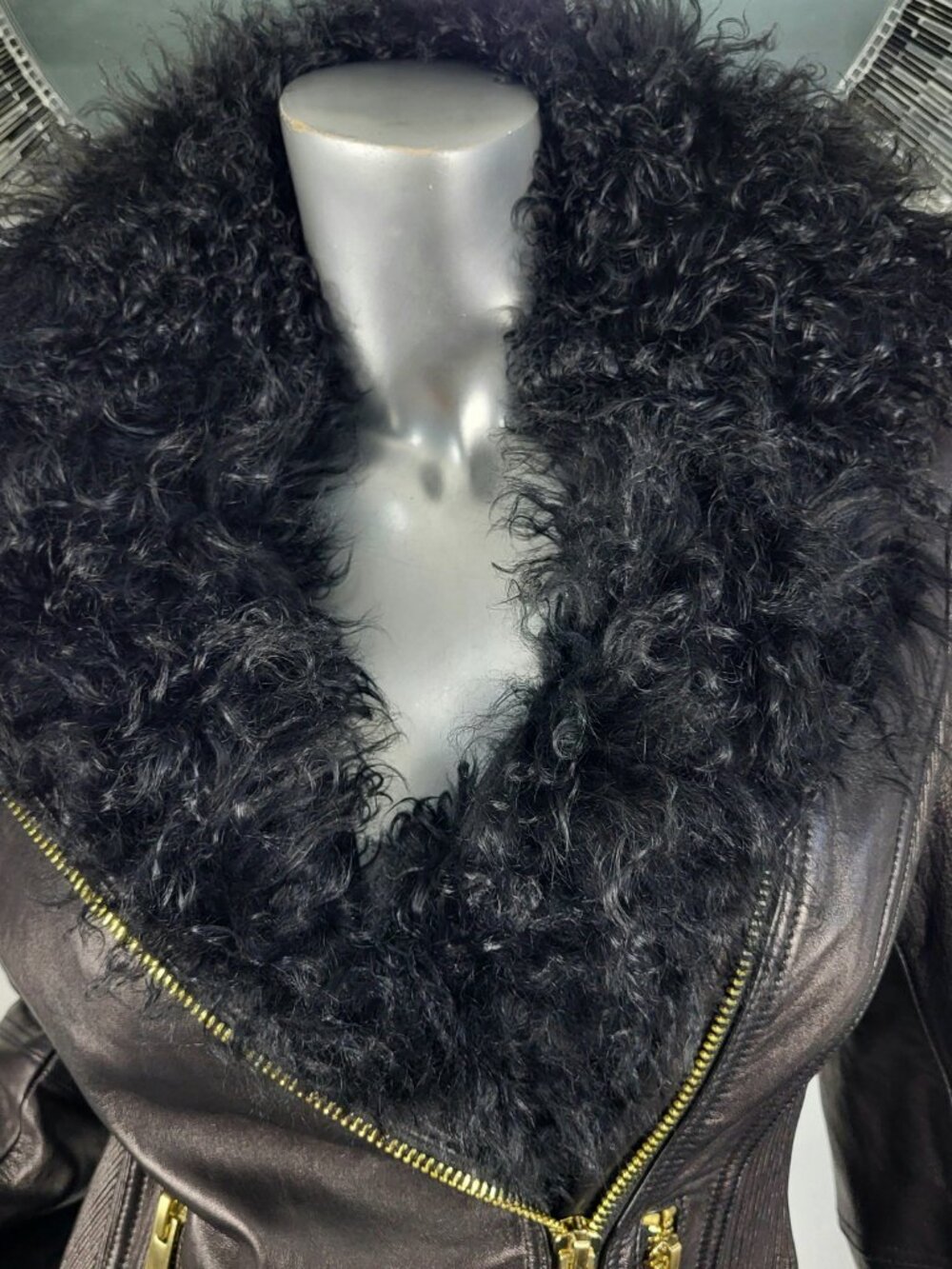 WILSON'S~M~BLACK GENUINE LEATHER REAL MONGOLIAN CURLY LAMB FUR MOTO JACKET COAT - Picture 5 of 16